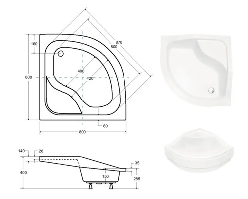 Technický nákres a pohľad na sprchovú vaničku, rohový montáž, 800x800 mm