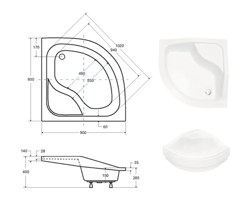 Technický nákres a pohľady na rohovú vaňu s rozmermi