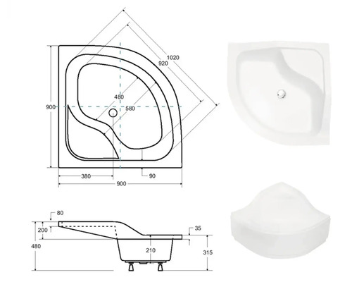Technický nákres rohovej vane s rozmermi a pohľadmi na výrobok