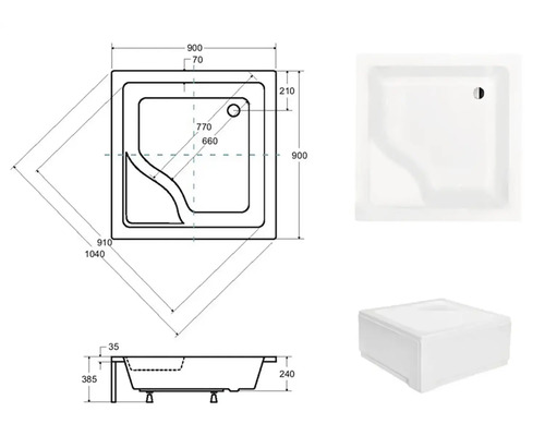 Štvorcová sprchová vanička s rozmermi v technickom výkrese a pohľade na produkt.