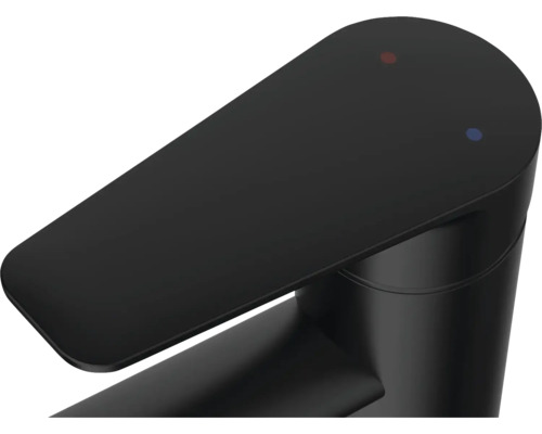 Čierna umývadlová batéria s označením teploty