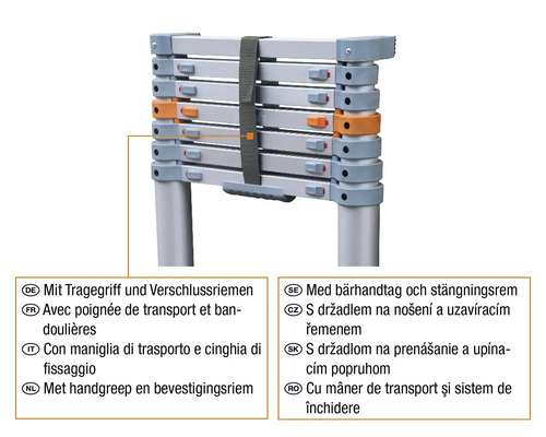Teleskopický rebrík v zloženom stave s držadlom na prenášanie a upínacím popruhom