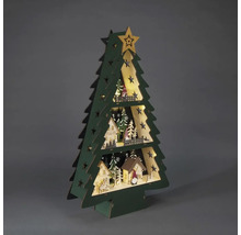 Dekoratívny drevený vianočný stromček s osvetlenými domami a hviezdami