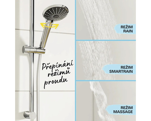 Sprchová tyč s ručnou sprchou a rôznymi druhmi prúdu