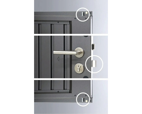 Detail dverí s kľučkou, zámkom a bezpečnostnými skrutkami