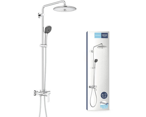 Sprchový systém Grohe s hlavovou a ručnou sprchou a obalom produktu