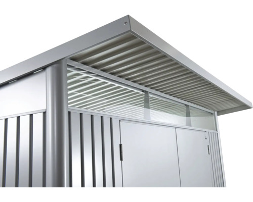 Kovový záhradný domček s posuvnými dverami a priehľadným svetlíkom