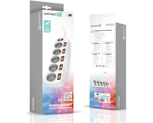 Connect IT predlžovací kábel s piatimi zásuvkami a šiestimi spínačmi v obale