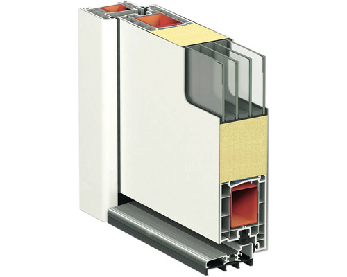 Priečny rez vchodovými dverami s trojitým zasklením, hliníkovým rámom a prahom