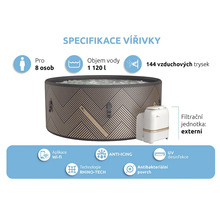 Nafukovacia vírivka pre až osem osôb s objemom 1120 litrov, 144 vzduchových trysiek, systém proti zamŕzaniu, technológia Rhino-Tech, antibakteriálny povrch, UV dezinfekcia a aplikácia Wi-Fi.