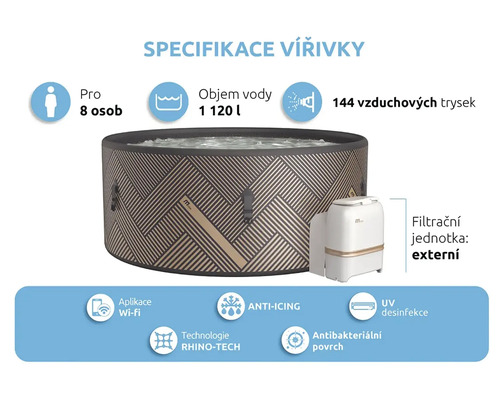 Nafukovacia vírivka pre až osem osôb s objemom 1120 litrov, 144 vzduchových trysiek, systém proti zamŕzaniu, technológia Rhino-Tech, antibakteriálny povrch, UV dezinfekcia a aplikácia Wi-Fi.