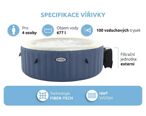 Špecifikácia vírivky Intex: vhodné pre štyri osoby, objem vody 677 litrov, 100 vzduchových trysiek, technológia Fiber-Tech, systém HWT, externý filtračný systém
