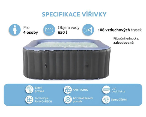 Nafukovacia vírivka pre štyri osoby s objemom 650 litrov, 108 vzduchovými tryskami, vstavanou filtračnou jednotkou, zimnou prevádzkou, funkciou proti námraze, UV dezinfekciou, technológiou Rhino-Tech, antibakteriálnym povrchom a samočistením.