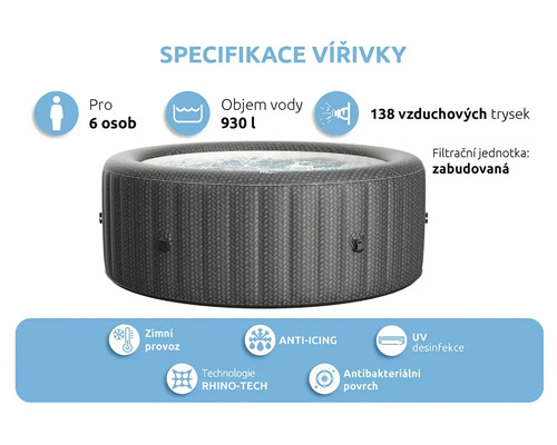 Špecifikácie vírivky: vhodné pre šesť osôb, objem vody 930 litrov, 138 vzduchových trysiek, zabudovaná filtračná jednotka, zimná prevádzka, technológia proti námraze, UV dezinfekcia, antibakteriálny povrch, technológia Rhino-Tech.