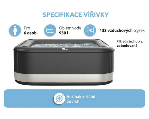 Nafukovacia vírivka s priestorom pre šesť osôb, objem vody 930 litrov, 132 vzduchových trysiek, vstavaný filter a antibakteriálny povrch