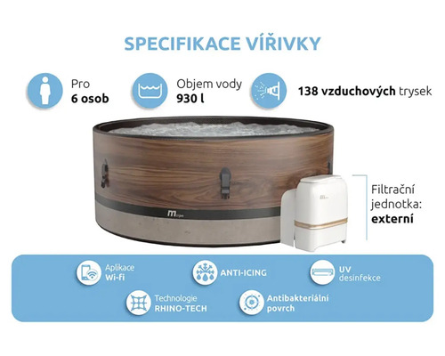 Nafukovacia vírivka pre šesť osôb s externou filtračnou jednotkou a 138 vzduchovými tryskami