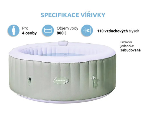 Nafukovacia vírivka pre štyri osoby, s objemom 800 litrov, 110 vzduchovými tryskami a zabudovanou filtračnou jednotkou