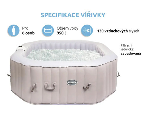 Nafukovacia vírivka až pre šesť osôb s objemom vody 950 litrov a 130 vzduchovými tryskami