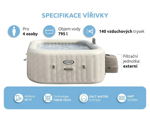 Špecifikácia vírivky Intex: vhodné pre štyri osoby, objem vody 795 litrov, 140 vzduchových trysiek, technológia Fiber-Tech, systém slanej vody a systém HWT