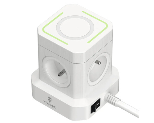 Zásuvková lišta v tvare kocky s niekoľkými konektormi a indukčnou nabíjačkou