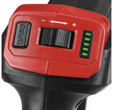 Detailný pohľad na vŕtačku s tlačidlom turbo, nastavením rýchlosti a indikátorom stavu nabitia