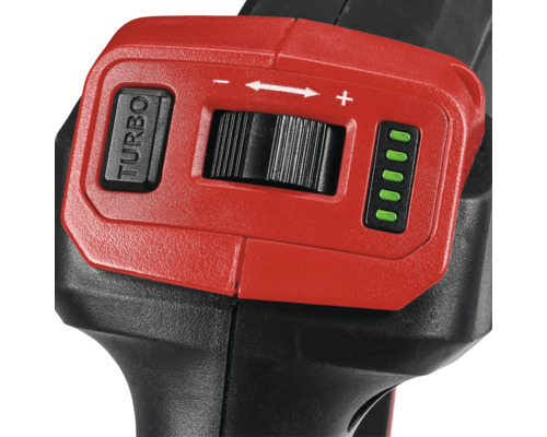 Detailný pohľad na vŕtačku s tlačidlom turbo, nastavením rýchlosti a indikátorom stavu nabitia