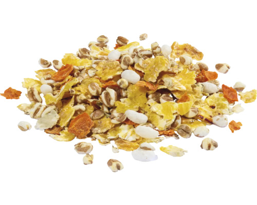 Ingrediencie do müsli s obilnými vločkami, pufovanou ryžou a kúskami mrkvy