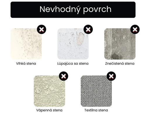 Nevhodné povrchy: Vlhká stena, odlupujúca sa stena, znečistená stena, vápenná stena, textilná stena