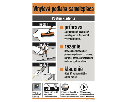 Návod na kladenie samolepiacich vinylových podláh s informáciami o príprave, rezaní a kladení