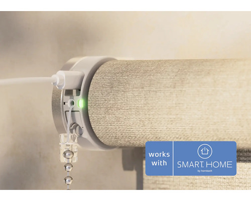 Detailný pohľad na inteligentnú roletu s nabíjacím portom a pečaťou Smart Home od Hornbachu