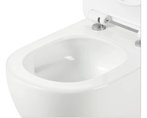 Závesné WC s hlbokým splachovaním zo sanitárnej keramiky s otvoreným splachovacím okrajom a WC sedadlom