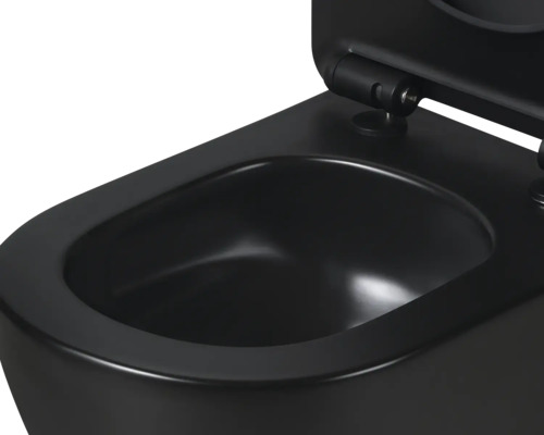 Čierna závesná toaleta s otvoreným vekom
