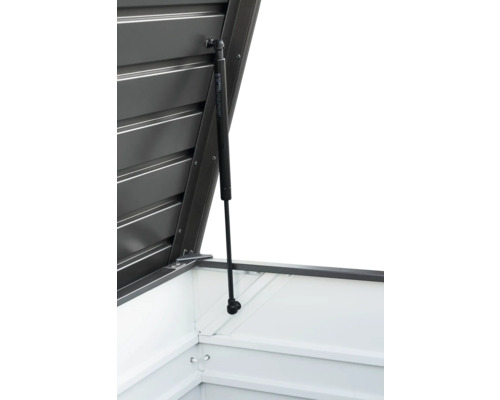 Otvorená záhradná truhlica s plynovou pružinou na podporu veka