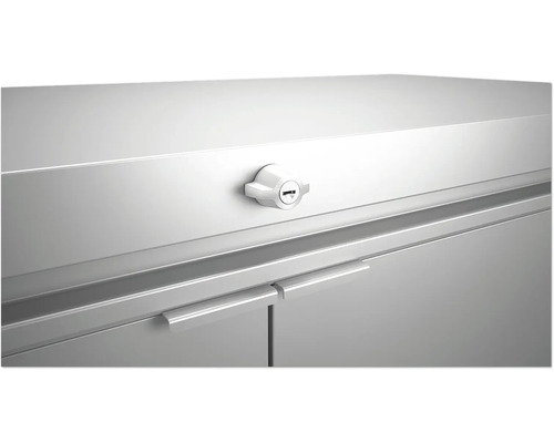 Detailný pohľad na uzamknutú kovovú skriňu s madlami