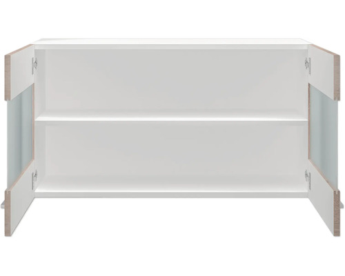 Otvorená biela spodná skrinka s dvomi policami