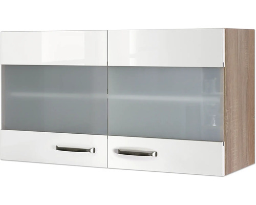 Závesná skrinka so štyrmi dvierkami, zásuvkami a dreveným rámom