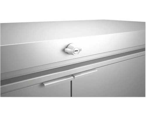 Detailný záber uzamknutej kovovej skrine s madlami