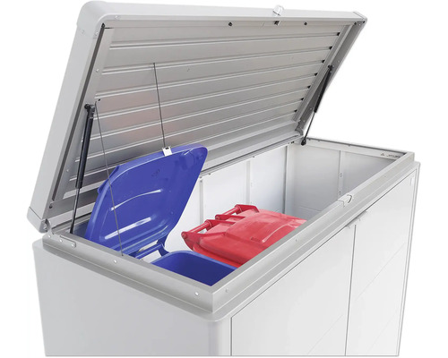 Otvorený box na smetiaky s modrou a červenou nádobou