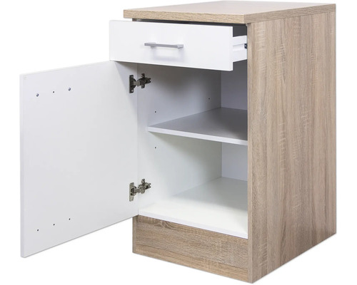 Nočný stolík so zásuvkou a dverami, vzhľad dreva