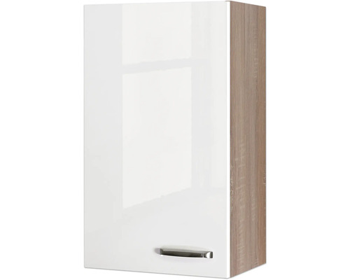 Závesná skrinka s bielym čelom a bočnou stranou s dekorom dreva