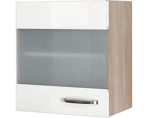 Závesná skrinka so sklenenými dvierkami a zásuvkou