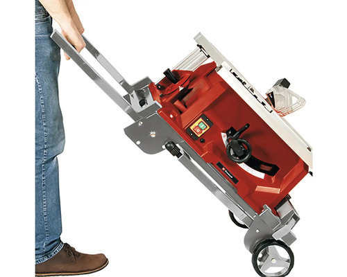 Stolová kotúčová píla s podvozkom v prepravnej polohe