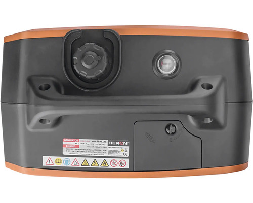 Detailný pohľad na generátor prúdu s ovládacími prvkami a varovaniami