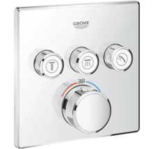 Logo Grohe. Nástenná termostatická batéria s tromi ovládačmi pre sprchu a regulátorom teploty s označením 38 stupňov.