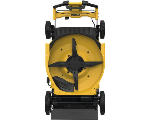 Spodná strana žltej kosačky na trávu DeWalt s čiernym nožom