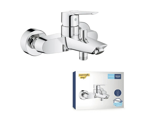 Nástenná kúpeľňová batéria spolu s obalom produktu.