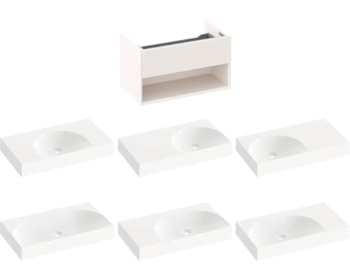 Umývadlo so skrinkou a niekoľkými umývadlami