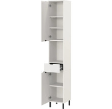 Otvorená biela vysoká skrinka s policami, zásuvkou a nožičkami