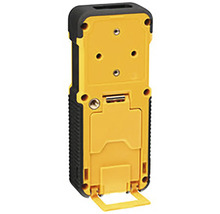 Žltý digitálny laserový diaľkomer s výklopným stojanom.