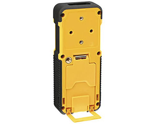 Žltý digitálny laserový diaľkomer s výklopným stojanom.